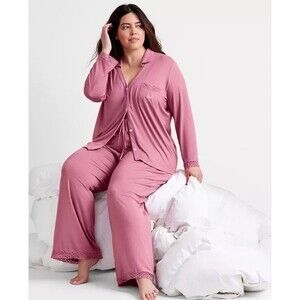 State of Day Macy’s Pink Lace Trim Collared Pajama Set 2PC Button Top Pants  XL